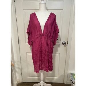 NEW Hot Pink Tie Low Back Cupshe Sheer Flowy Swim Cover Up Dress S Ruffle Sleeve